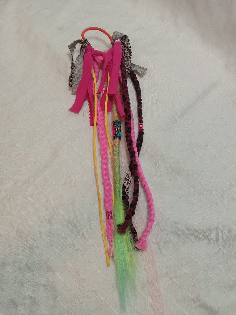Handmade bohemian hair accessory with dreads, braids, lace ribbons & decorations